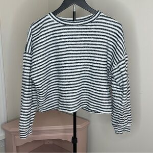 URBAN Romantics Navy & White Striped Cozy Cropped Crewneck Top
